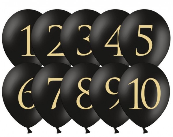 10 palloncini numeri da tavolo neri e oro 30 cm