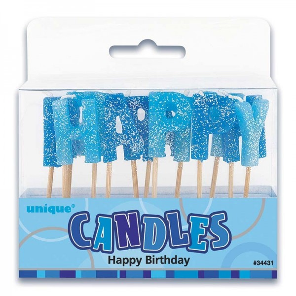 Glittering Happy Birthday cake candle blue 2