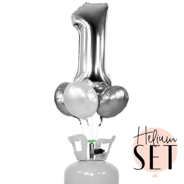 XXL Zahl 1 Silber Ballonbouquet-Set mit Heliumbehälter