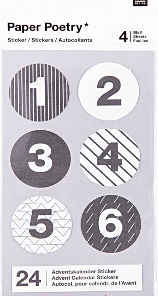 24 pegatinas de números de calendario de adviento en blanco y negro