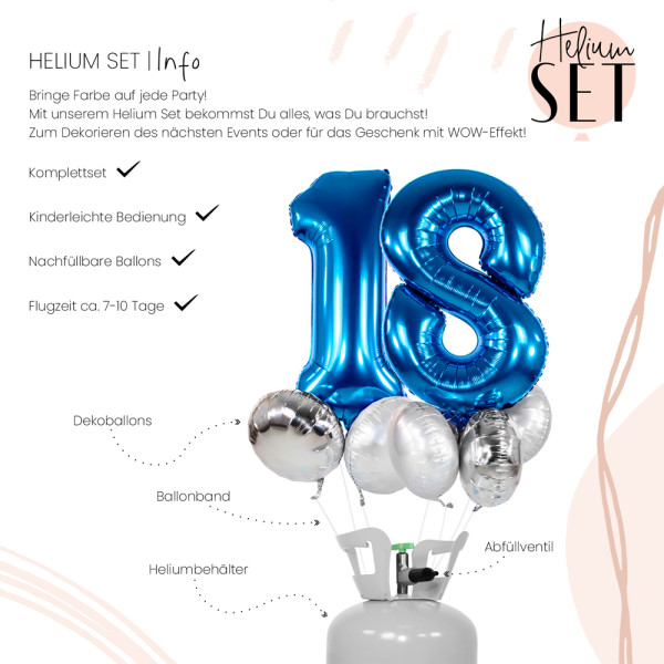 XXL Zahl 18 Blau Ballonbouquet-Set mit Heliumbehälter 3
