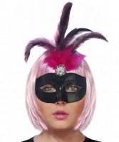 Oversigt: Mystisk maske med fjer i sort og lyserød