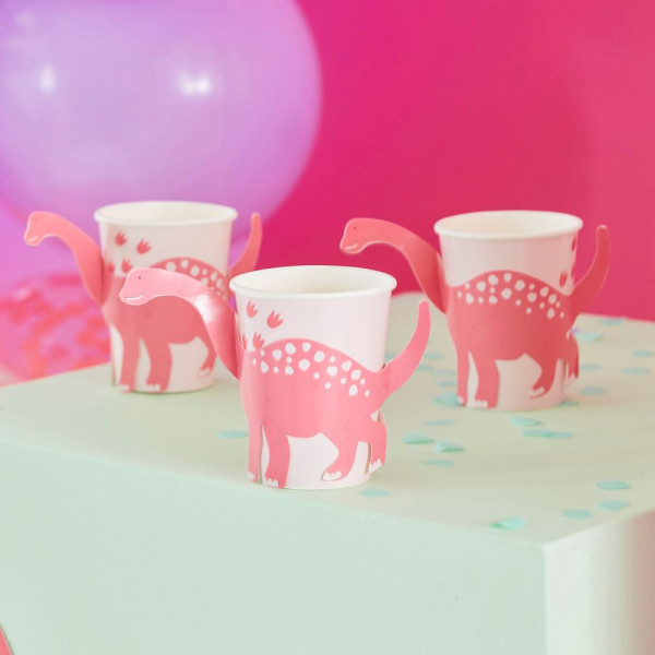 8 pink dinosaur party cups 250ml