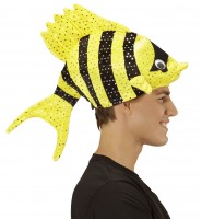 Widok: Żółto-czarny kapelusz w kształcie ryby tropikalnej