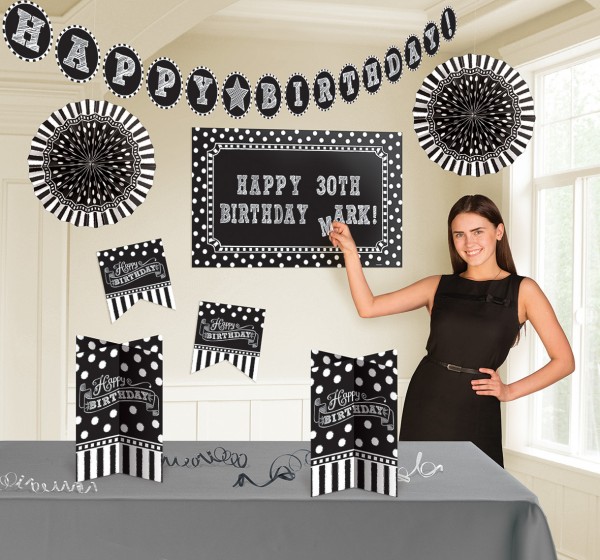 Set de decoración de fiesta en blanco y negro Feliz cumpleaños