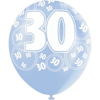 Oversigt: Blanding af 6 30-års fødselsdag balloner blå 30 cm