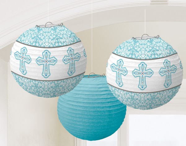 3 lanternes chinoises sainte communion bleu 24cm