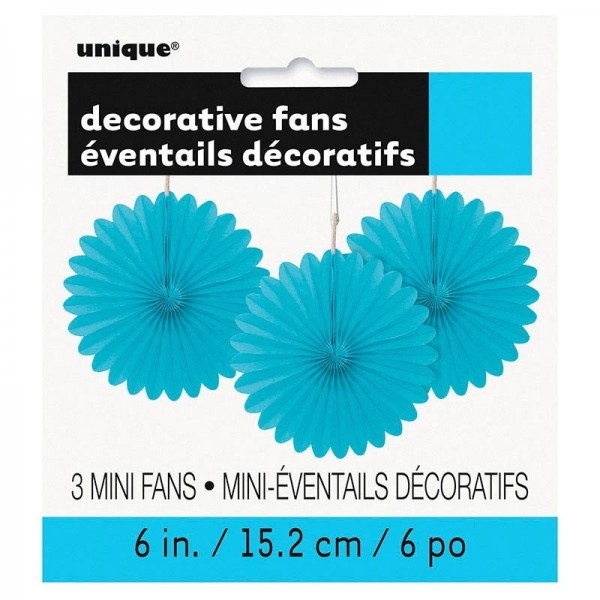 Decorative fan flower turquoise blue 15cm set of 3