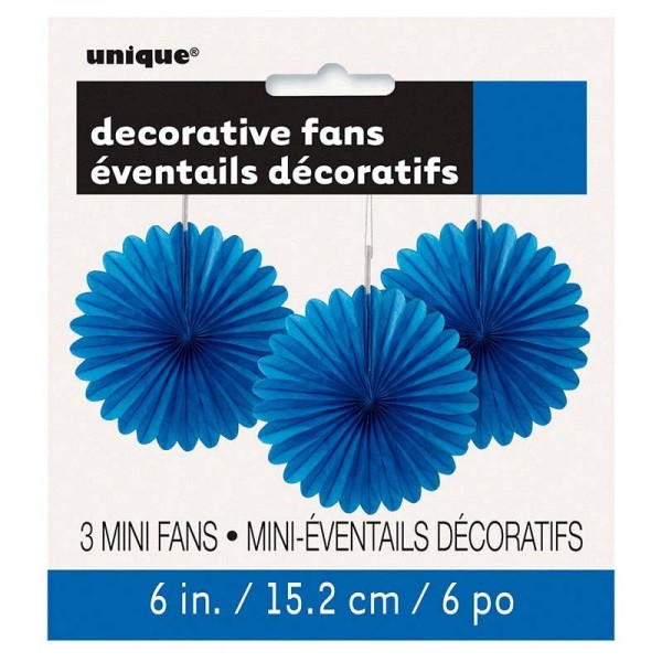 Éventail décoratif fleur bleu foncé 15cm lot de 3