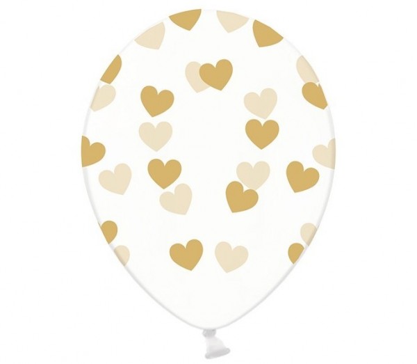 6 przezroczystych balonów lateksowych złote serca 30 cm