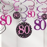 12 Pink 80th Birthday spiral hangers 61cm