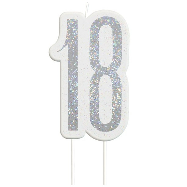 Glittering 18th Birthday cake candle silver
