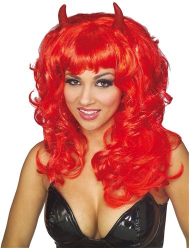 Wig devil red long hair curls with horns