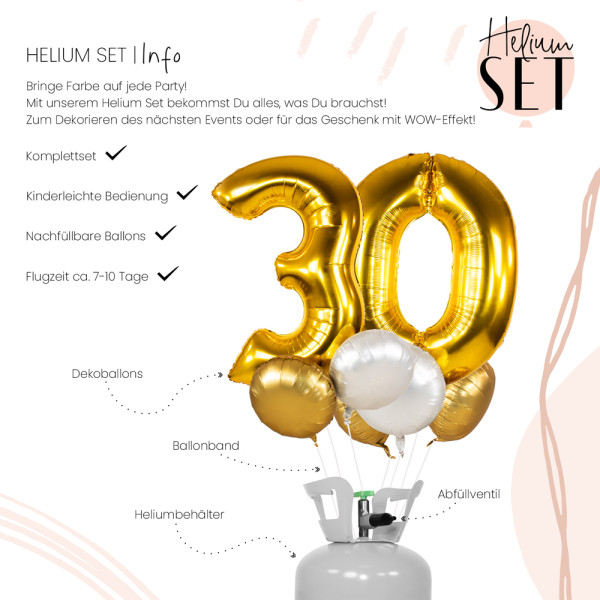 XXL Zahl 30 Gold Ballonbouquet-Set mit Heliumbehälter 3