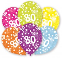 6 kolorowych balonów 80. urodziny 27,5 cm