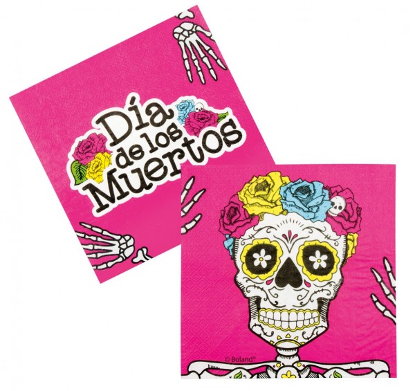 12 Dia De Los Muertos Skeleton Napkins Pink 33 x 33cm