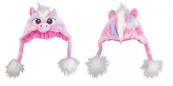 Plush pink unicorn hat for adults