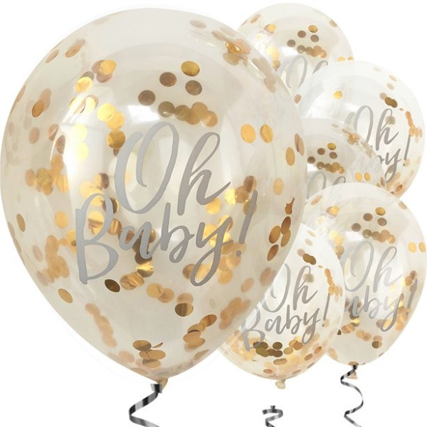 5 gyldne Oh Baby konfetti balloner 30 cm