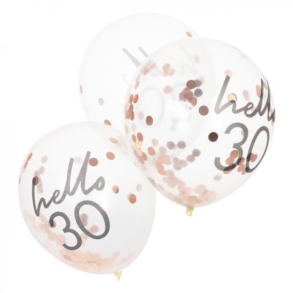 5 palloncini Hello Thirty coriandoli in oro rosa 30 cm