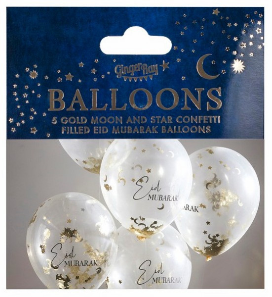 5 ballons latex confettis Gold Moon Eid Mubarak 30cm