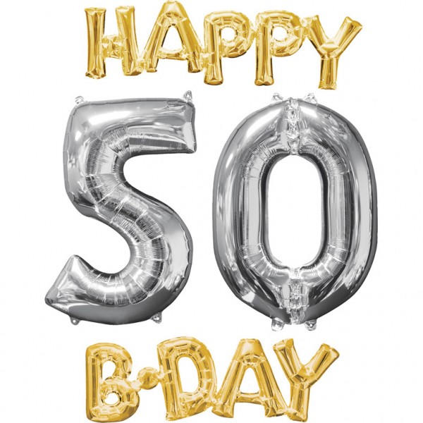 Ballon aluminium Happy 50 Birthday argent et or