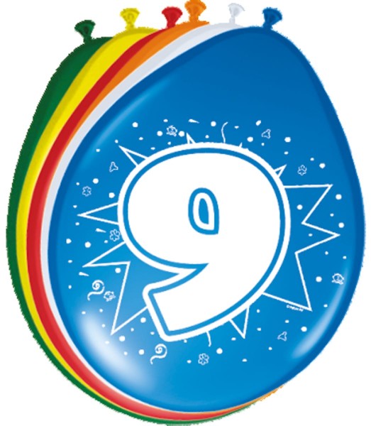 8 farbenfrohe Luftballons 9. Geburtstag 30cm