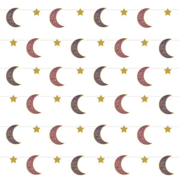 Moon and Star Garlands Glitter Purple Gold Eid Mubarak Set of 6