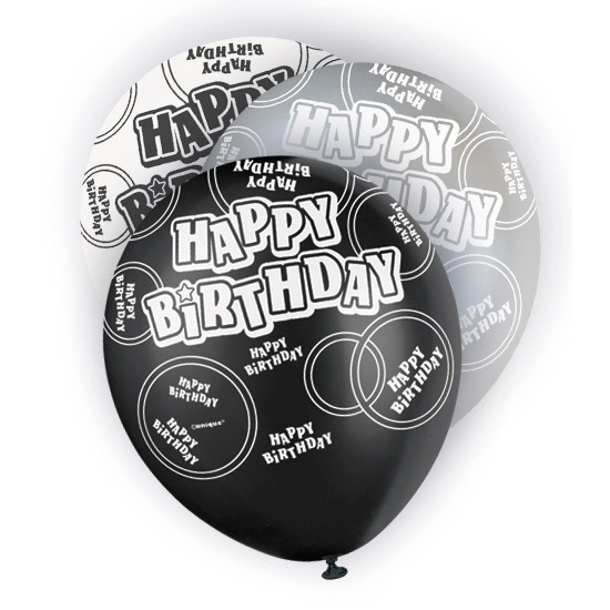 6er Mix Happy Birthday Ballons Schwarz