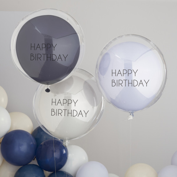 3 globos con doble relleno Happy Birthday