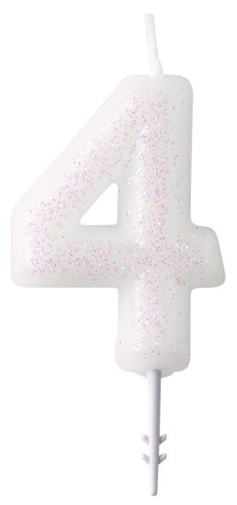 Glittering number candle 4 white 6.5cm