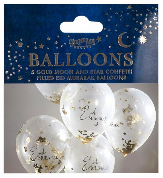 5 guldmåne Eid Mubarak konfetti latexballonger 30cm