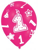 6 lyserøde balloner 1. fødselsdag baby pige 28 cm