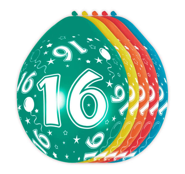 5 farverige latexballoner 16-års fødselsdag