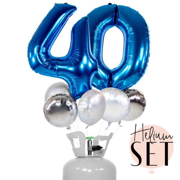 XXL Zahl 40 Blau Ballonbouquet-Set mit Heliumbehälter