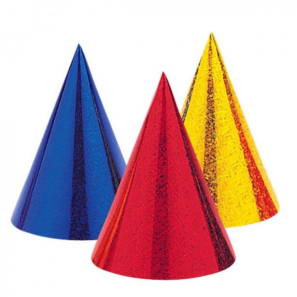 8 colorful holographic party hats 14cm