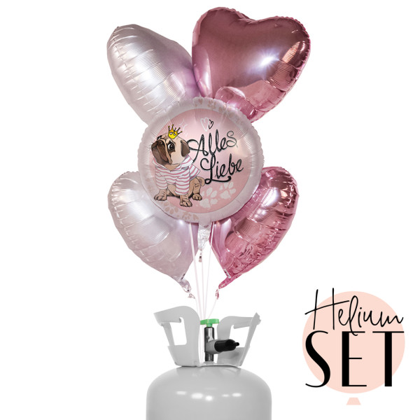 Mops Alles Liebe Ballonbouquet-Set mit Heliumbehälter