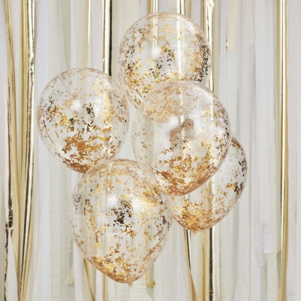 5 balonów lateksowych złote konfetti 30cm