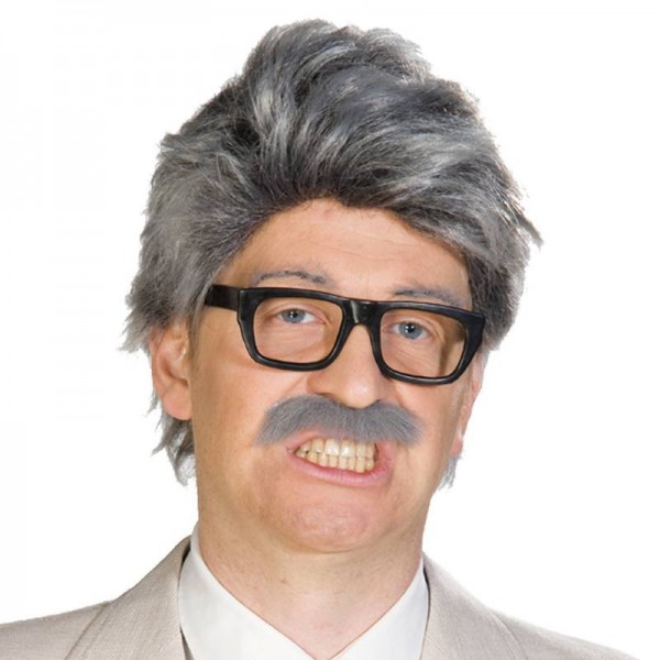 Perruque de cheveux gris Horsti avec moustache