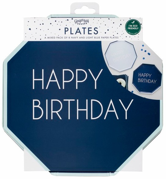 8 assiettes en carton bleu Happy Birthday Eco 25cm