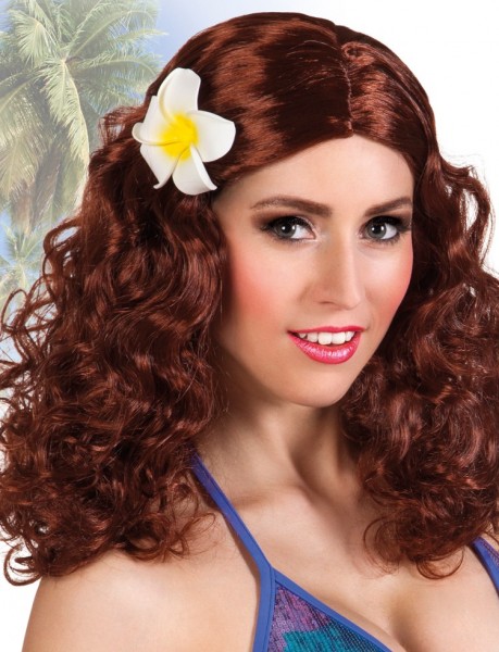 Brown curly wig with Hawaiian flower 2