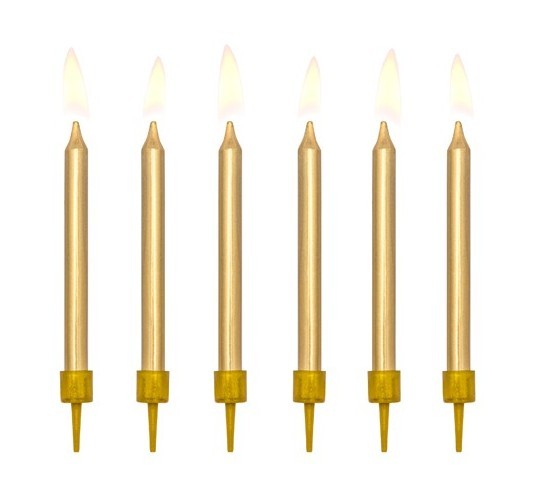 6 verjaardagskaarsen inclusief houders in goud 6cm