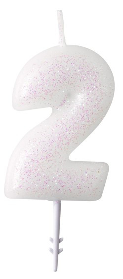 Glittering number candle 2 white 6.5cm