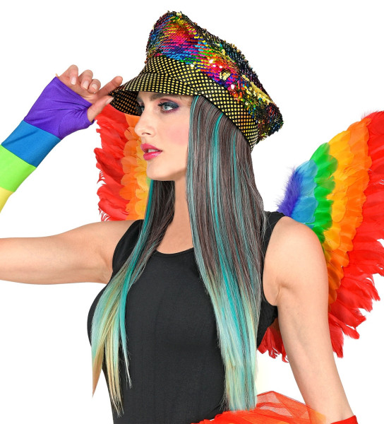 Regenbogen Paillettenmütze mit Haar