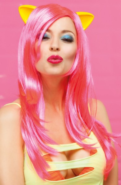 Pink long hair wig with cat ears