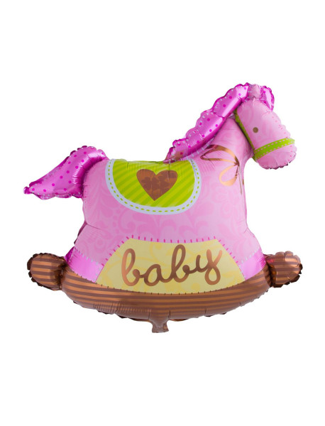 Ballon aluminium cheval à bascule bébé en rose