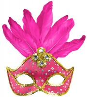 Preview: Neon pink Venetian eye mask with feathers