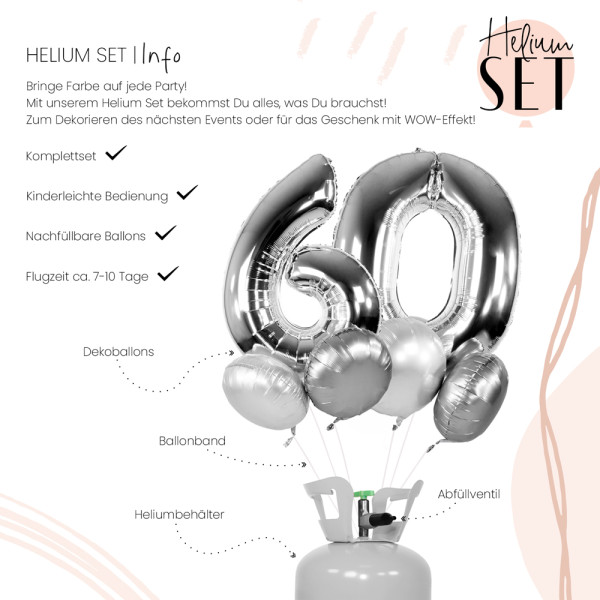 XXL Zahl 60 Silber Ballonbouquet-Set mit Heliumbehälter 3