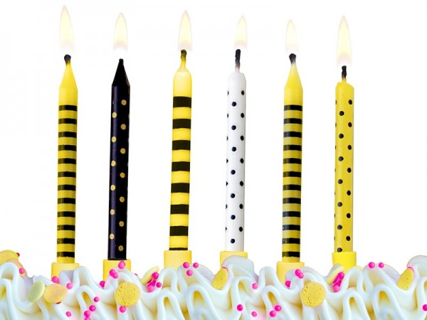 6 birthday candles bees including holders 6cm 3
