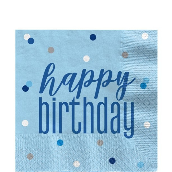 16 serviettes Happy Birthday à pois bleus 33cm