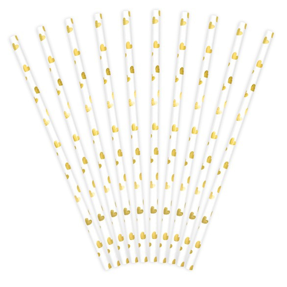 10 golden hearts paper straws 19.5cm